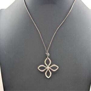Fossil Silver Plated Flower Pendant Black Corded 18"-20" Necklace